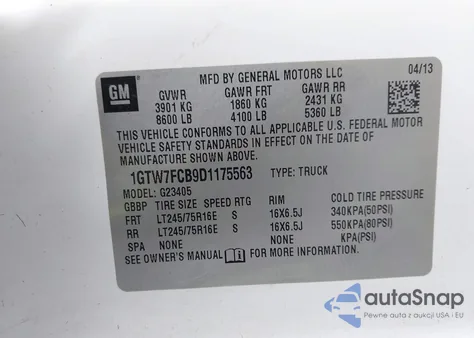 2013 GMC Savana 2500 Work Van из США, поврежденный, VIN 1GTW7FCB9D1175563